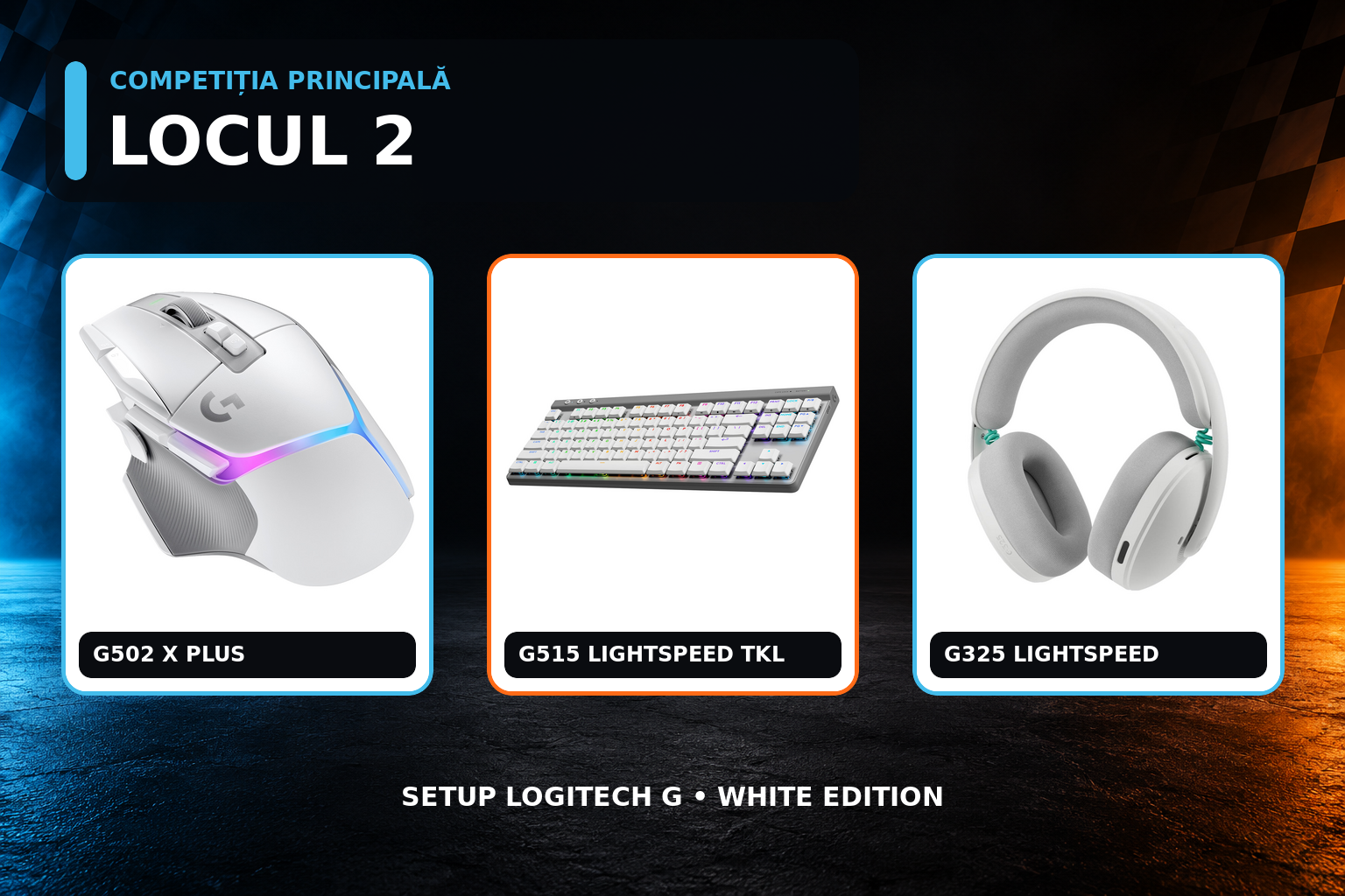 Premiul pentru locul al doilea: mouse Logitech G502 X PLUS, tastatură G515 și headset G325, toate albe.