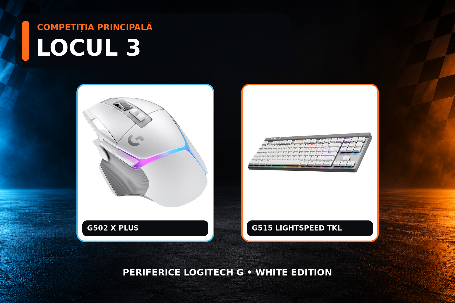 Premiul pentru locul al treilea: mouse Logitech G502 X PLUS și tastatură G515, ambele albe.
