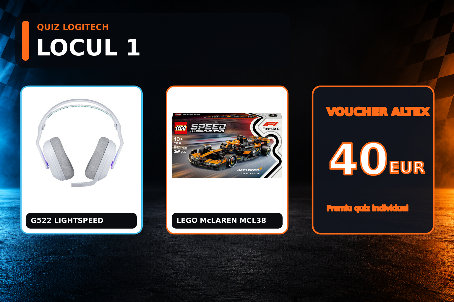 Premiul întâi la quiz: headset Logitech G522 LIGHTSPEED alb, LEGO McLaren MCL38 și voucher Altex de 40 EUR.
