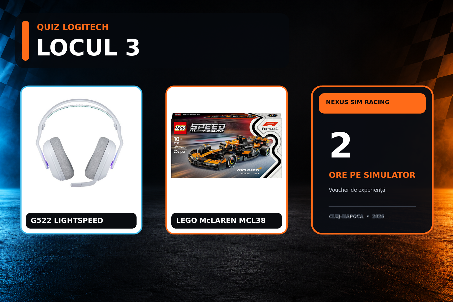 Premiul al treilea la quiz: headset Logitech G522 LIGHTSPEED alb, LEGO McLaren MCL38 și voucher Nexus SIM Racing de două ore.