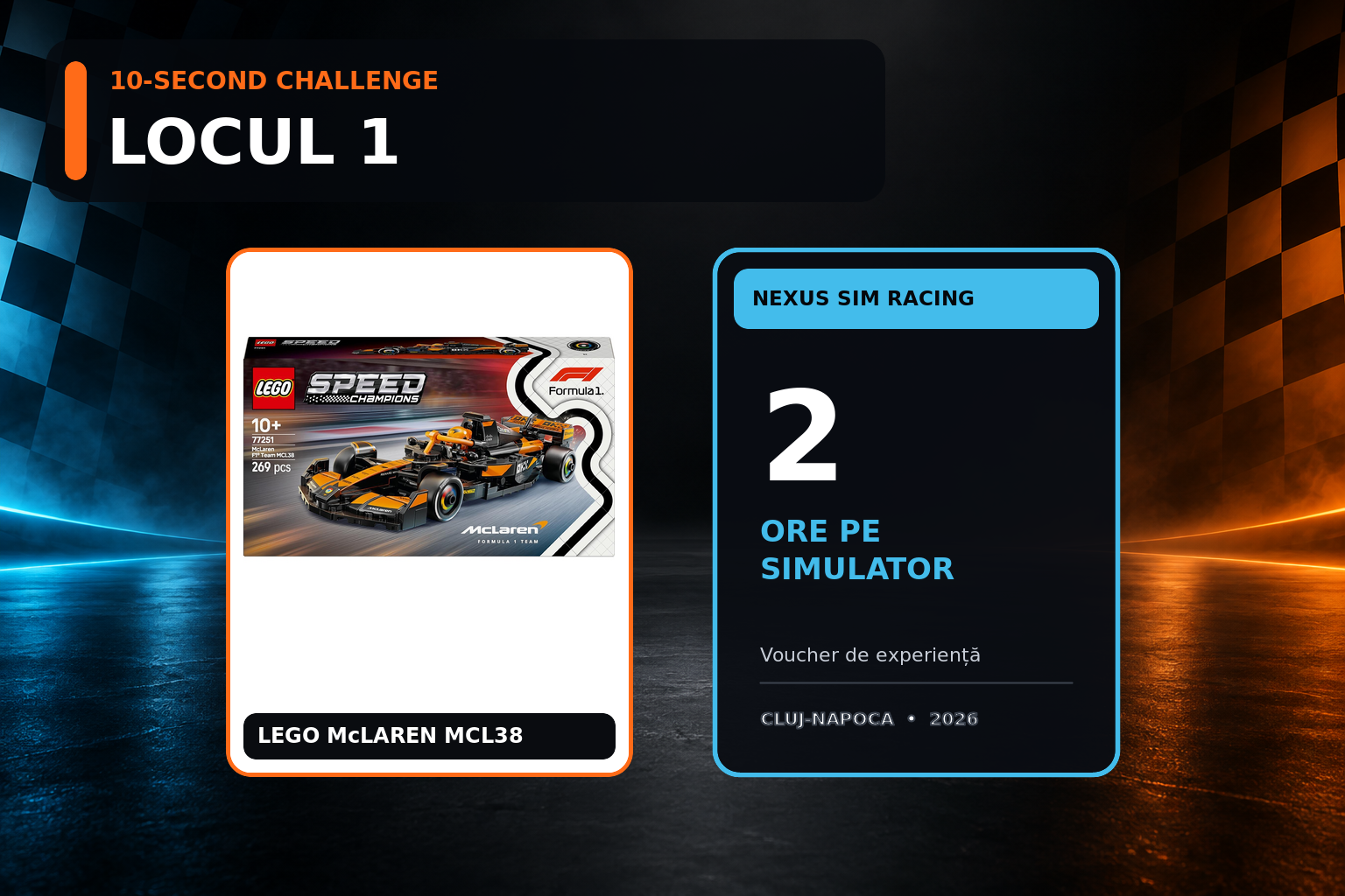 Premiul întâi la 10-Second Challenge: LEGO McLaren MCL38 și voucher Nexus SIM Racing de două ore.