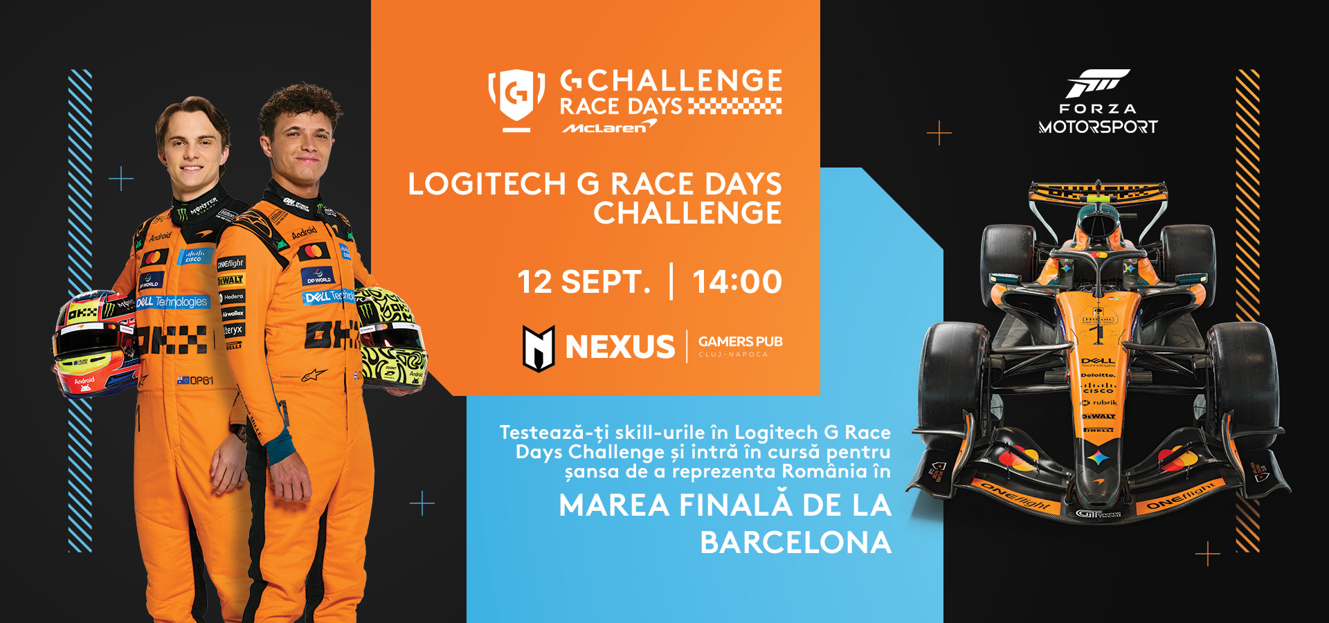 Logitech G Race Days Challenge, 12 septembrie, ora 14:00, la Nexus Gamers Pub Cluj-Napoca, cu piloții McLaren și monopostul de Formula 1.